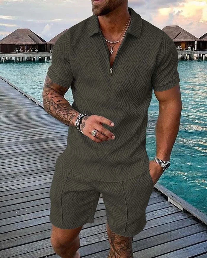 Men's Printed Green Leisure/Casual Polo Shirt Set